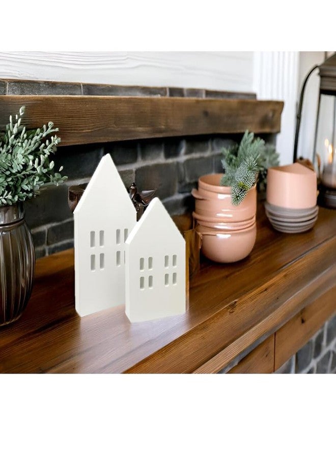 QIAOIDEA Rustic White Wooden House Shaped Sign Farmhouse Table Christmas Decor Wooden House Block Table Top Christmas Decorations Tiered Tray Fireplace Ornament, Set of 2 - Image 2